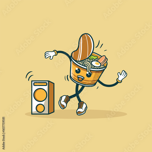 A happy noodle cup character dances to music
