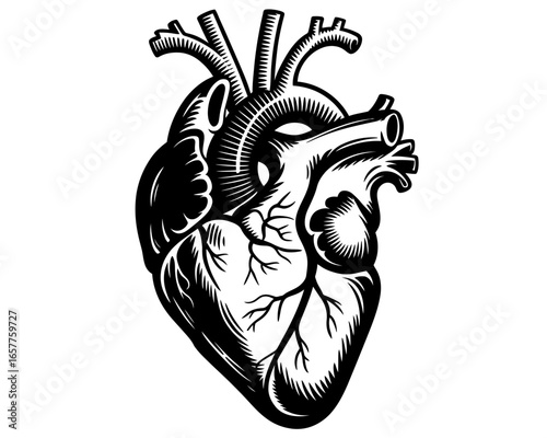 Stylized black and white anatomical heart illustration