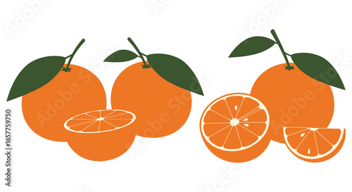 a set of orange fruits with green leaves and slices silhouette