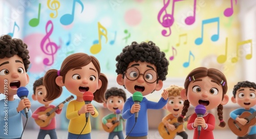 A choir of adorable children sings their hearts out surrounded by colorful musical notes