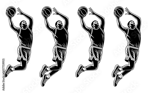 Basketball player dunking sequence in black and white