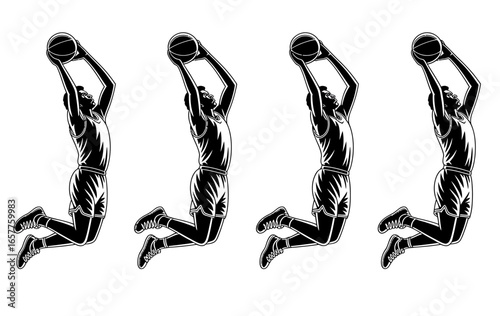 Basketball player silhouette in mid jump with ball