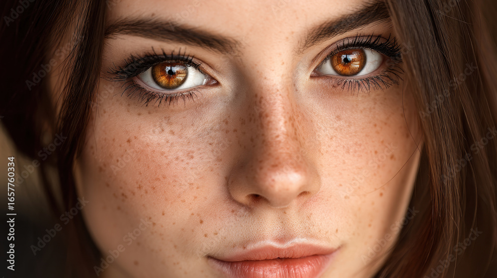 Fototapeta premium Close up portrait of young woman with striking brown eyes and freckles, showcasing her natural beauty and captivating expression. soft lighting enhances her features, creating intimate atmosphere