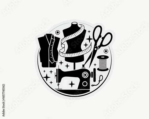 Sewing and tailoring tools and mannequins in a circular design