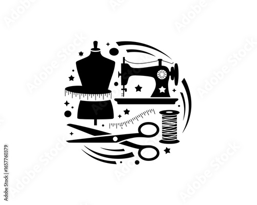 Sewing and tailoring tools arranged in a circular design