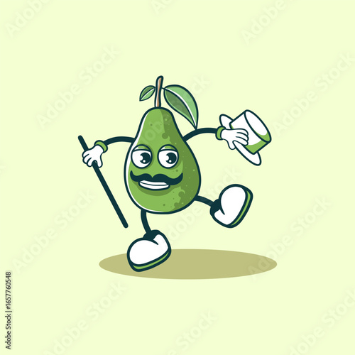 A dapper avocado gentleman strolls with cane and hat