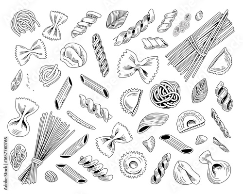 Assortment of hand drawn pasta shapes on a white background