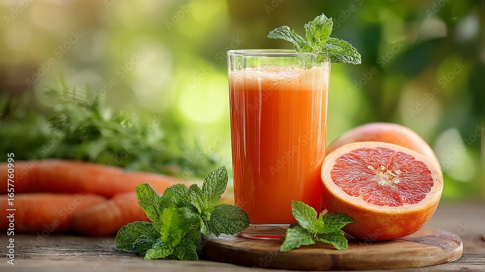 Fototapeta premium Fresh carrot and grapefruit juice with mint garnish for healthy lifestyle and wellbeing