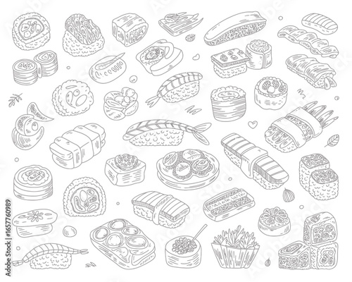 Diverse hand drawn sushi and sashimi collection
