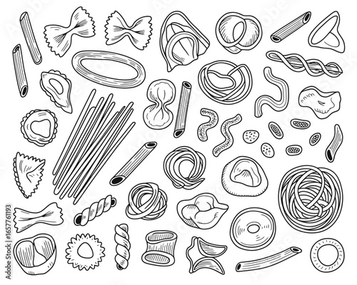 Variety of hand drawn pasta shapes collection