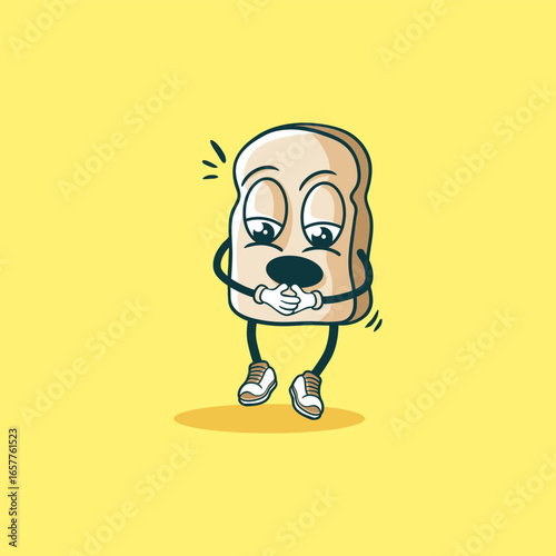 A slice of bread character feeling shy and covering its face