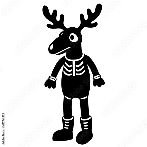 Cartoon reindeer skeleton wearing boots and costume