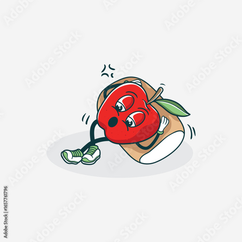 An Angry Apple Character Falls Down While Wearing a Backpack