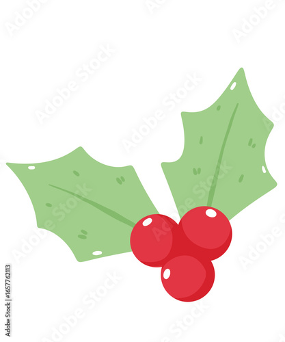 Kawaii holly leaves and red berries illustration in a cute flat style. Minimal and festive cartoon clipart