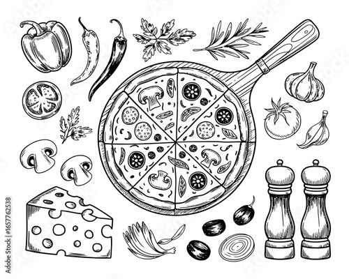 Hand drawn pizza ingredients and sliced pizza on a wooden board