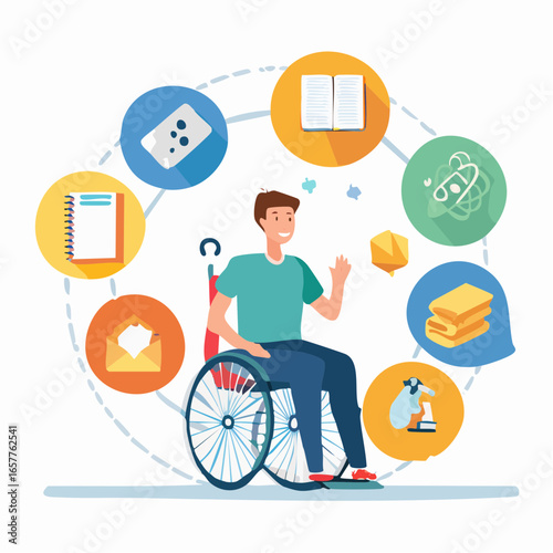 Inclusive education vector icons showing braille, sign language, and accessibility symbols in modern flat design for education, equality, and social awareness projects.
