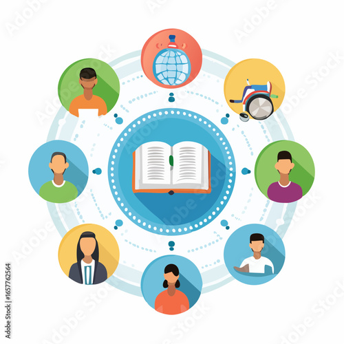 Inclusive education vector icons showing braille, sign language, and accessibility symbols in modern flat design for education, equality, and social awareness projects.
