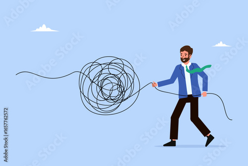 Businessman untangles a knotted rope. Solving complex problems, overcoming chaos and business trouble concept. Solution found.