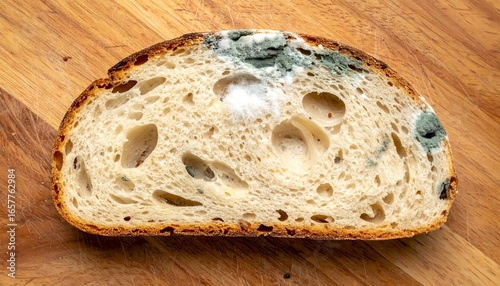 Moldy Bread Slice On Vintage Cutting Board, Realistic Texture