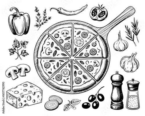 Hand drawn pizza and ingredients in sketch style