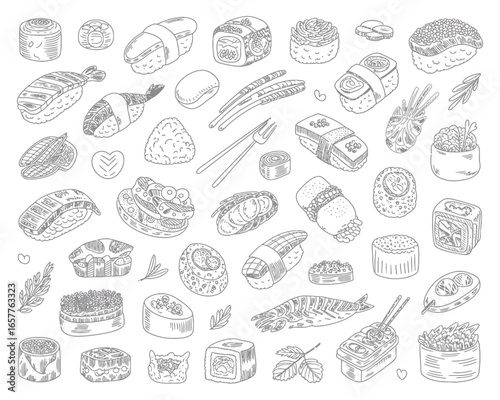 Hand drawn sketch of various delicious sushi and sashimi dishes