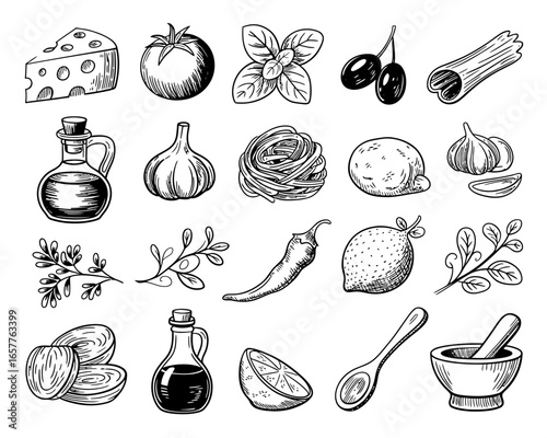 Hand drawn italian food ingredients and spices collection