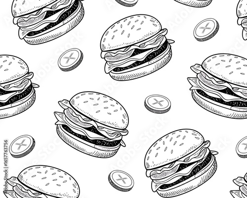 Hand drawn seamless pattern of delicious burgers and coin icons