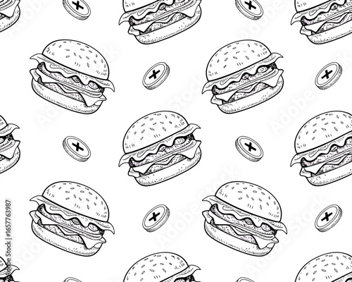 Hand drawn burger and coin pattern on white background