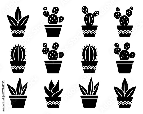 Collection of stylized potted cacti and succulents in black and white