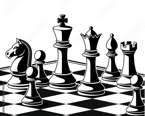 Chess pieces on a board in a dramatic black and white illustration
