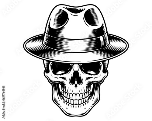 Skull wearing a fedora hat in black and white style