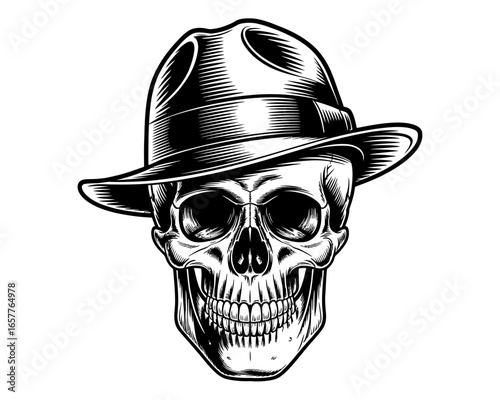 Engraved skull wearing a fedora hat