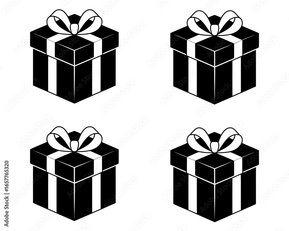 Fototapeta premium Four isometric black and white gift boxes with ribbons