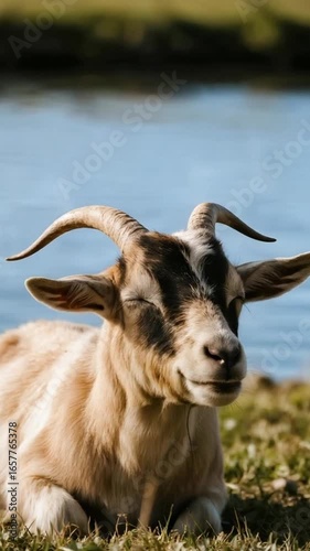 Happy Goat Relaxing by the Water