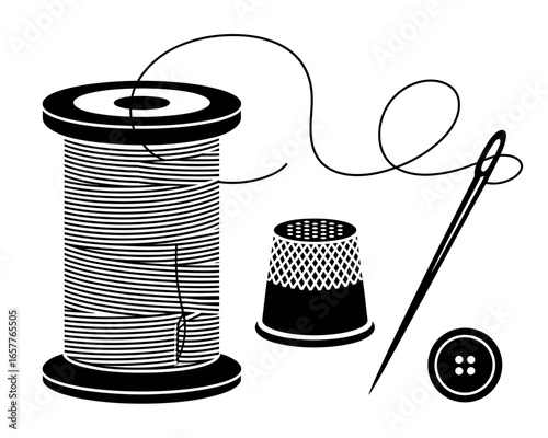Sewing supplies spool of thread needle thimble and button