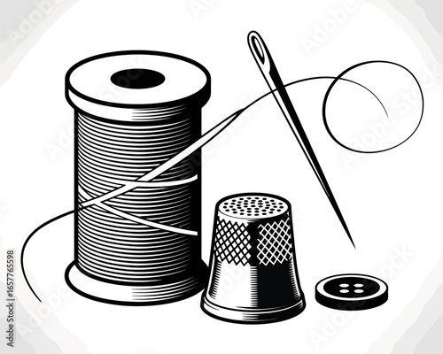 Sewing essentials spool of thread needle thimble and button