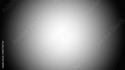 Black and white radial border vignette abstract background. Smooth gradient blend. Central light glow. Soft, blurred edges. Noise grain texture. Grayscale fade. Minimal monochrome light burst effect