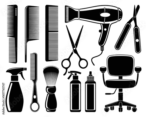 Collection of black and white barber and hairstylist tools and equipment