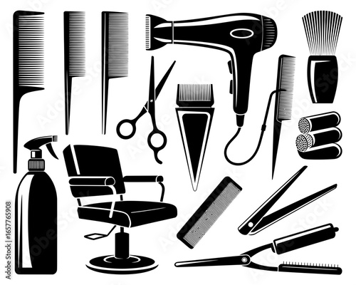 Collection of black and white hair salon tools and equipment