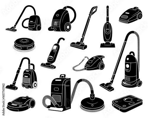 Collection of various vacuum cleaner silhouettes for cleaning and housekeeping