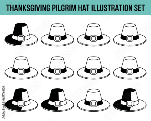 Thanksgiving pilgrim hat illustration set with black and white designs