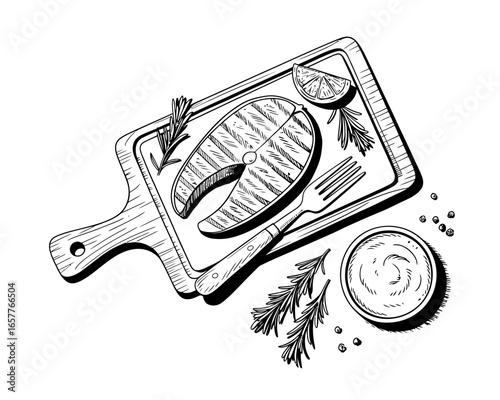 Grilled salmon steak with lemon and rosemary on a cutting board