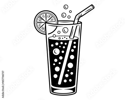 Black and white illustration of a fizzy drink with lemon and straw