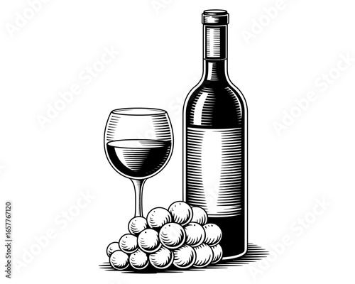 Classic wine bottle glass and grapes illustration