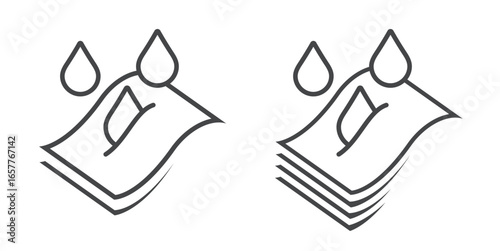 Absorption water fabric cloth material layer structure icon vector graphic set, diaper filter or napkin wet protection technology sign symbol line stroke outline thin linear style logo