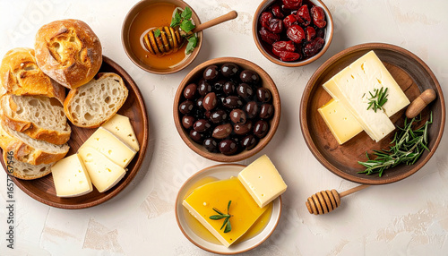 A bright, appetizing flat lay composition of artisan cheese and bread served with olives, honey, and dried cranberries in rustic wooden bowls on a light marble surface.