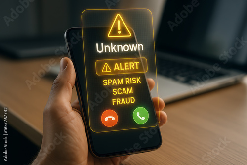 Unknown caller alert on smartphone with spam risk, scam and fraud warning notification representing mobile security and call protection