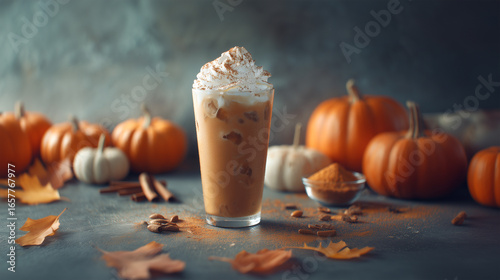 Fototapeta Naklejka Na Ścianę i Meble -  Iced pumpkin spice latte with whipped cream and cinnamon, surrounded by pumpkins, spices and autumn leaves on a moody background. Perfect for seasonal editorial and cozy fall campaigns