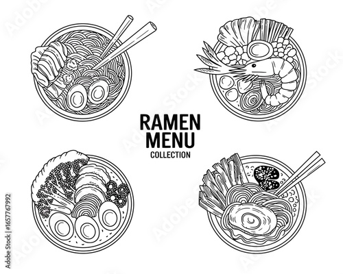 Collection of ramen bowls with chopsticks and various toppings