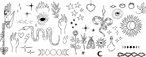 Set of hand drawn mystical esoteric love elements. Vector magic theme illustration.
